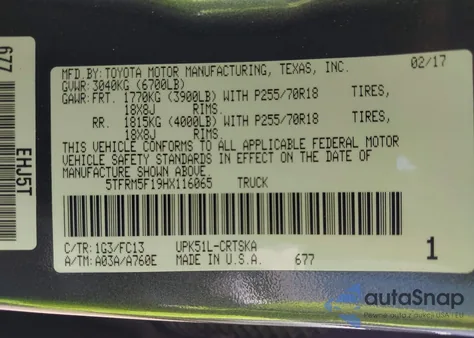 2017 Toyota Tundra Sr5 4.6L V8 z USA, uszkodzony, nr VIN 5TFRM5F19HX116065